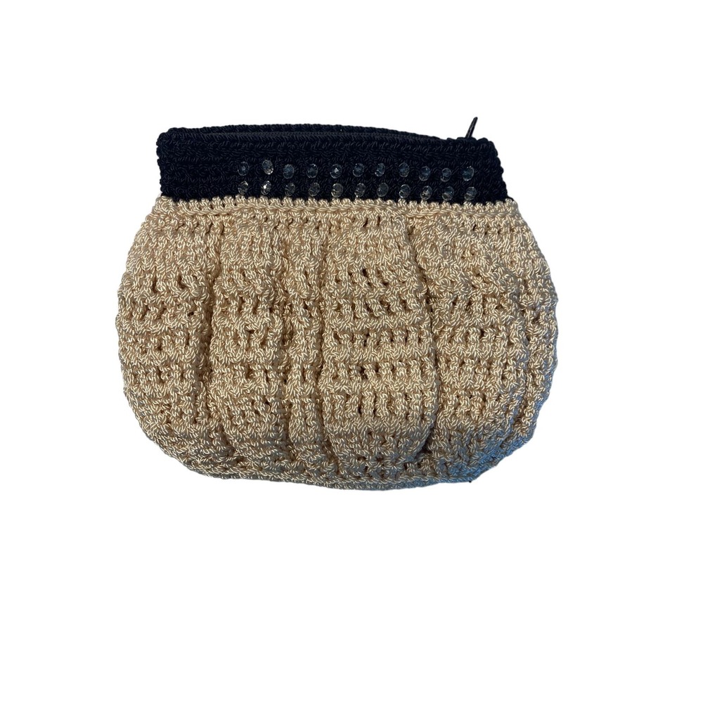 Unbranded Handmade Crochet Knit Coin Pouch Beige Black Zip Mini Cream